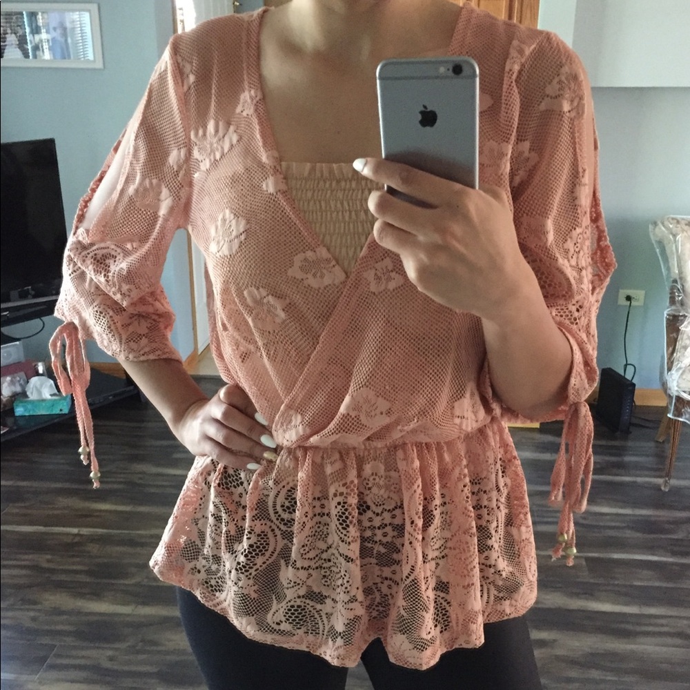 Pink/mauve see through lace top